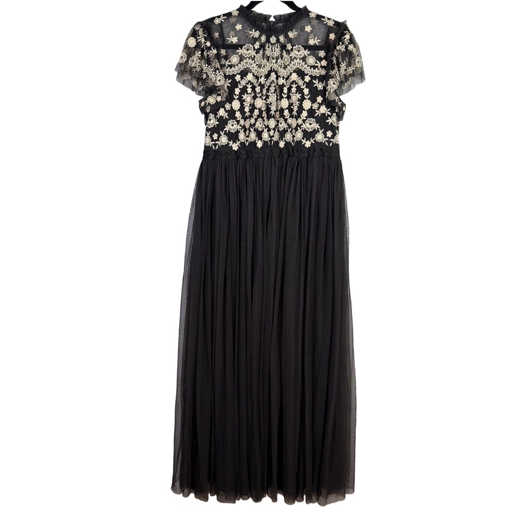 Needle & Thread Gown Black Embroidered Tulle Maxi Dress Floral Sequin Formal M